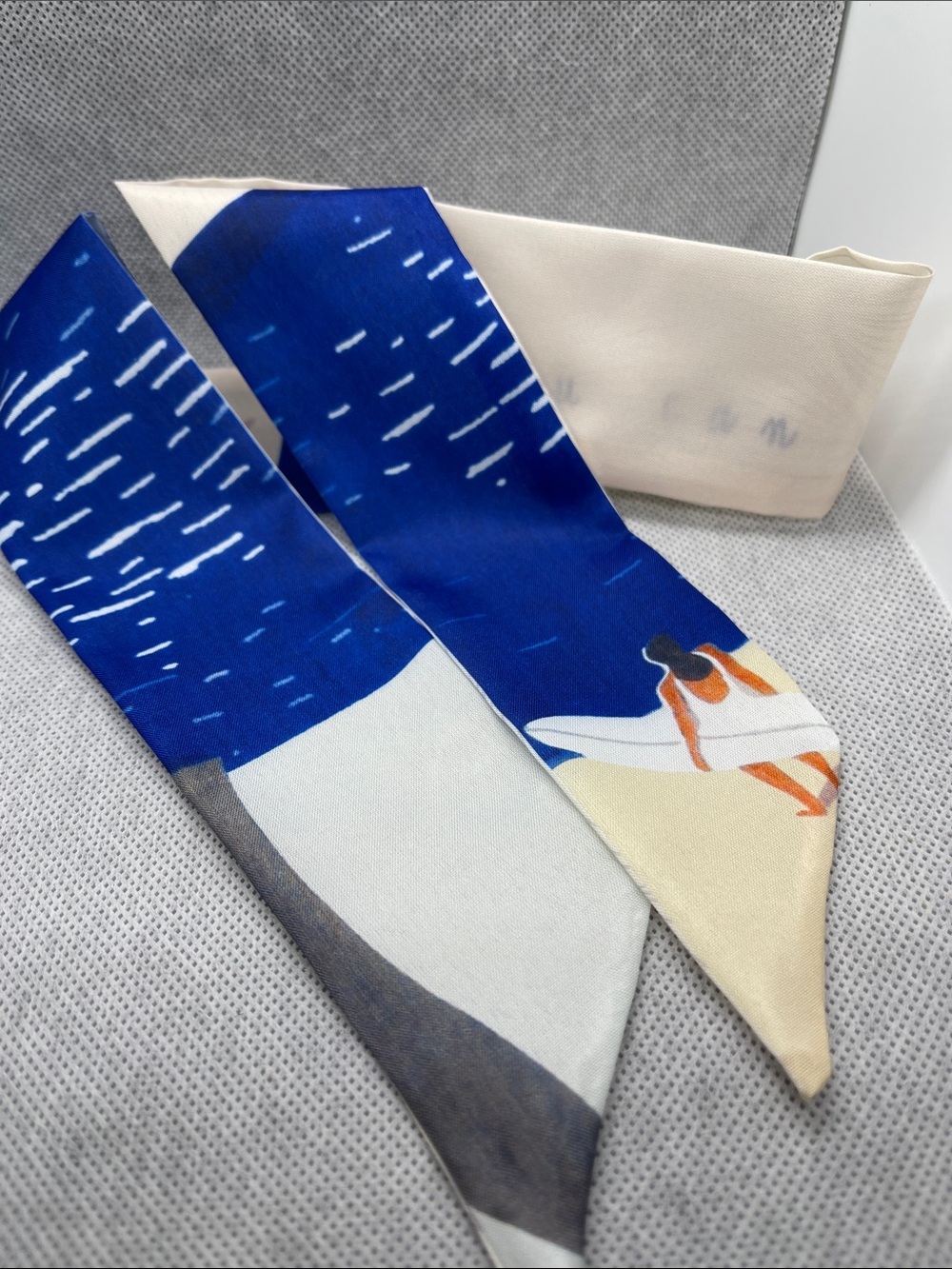 Silky Blue and Cream Printed Scarf Tie